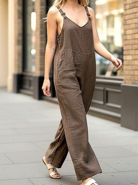 Billabong Brown Cotton Flax Jumpsuit Sz L Casual Lightweight Relaxed Baggy Fit